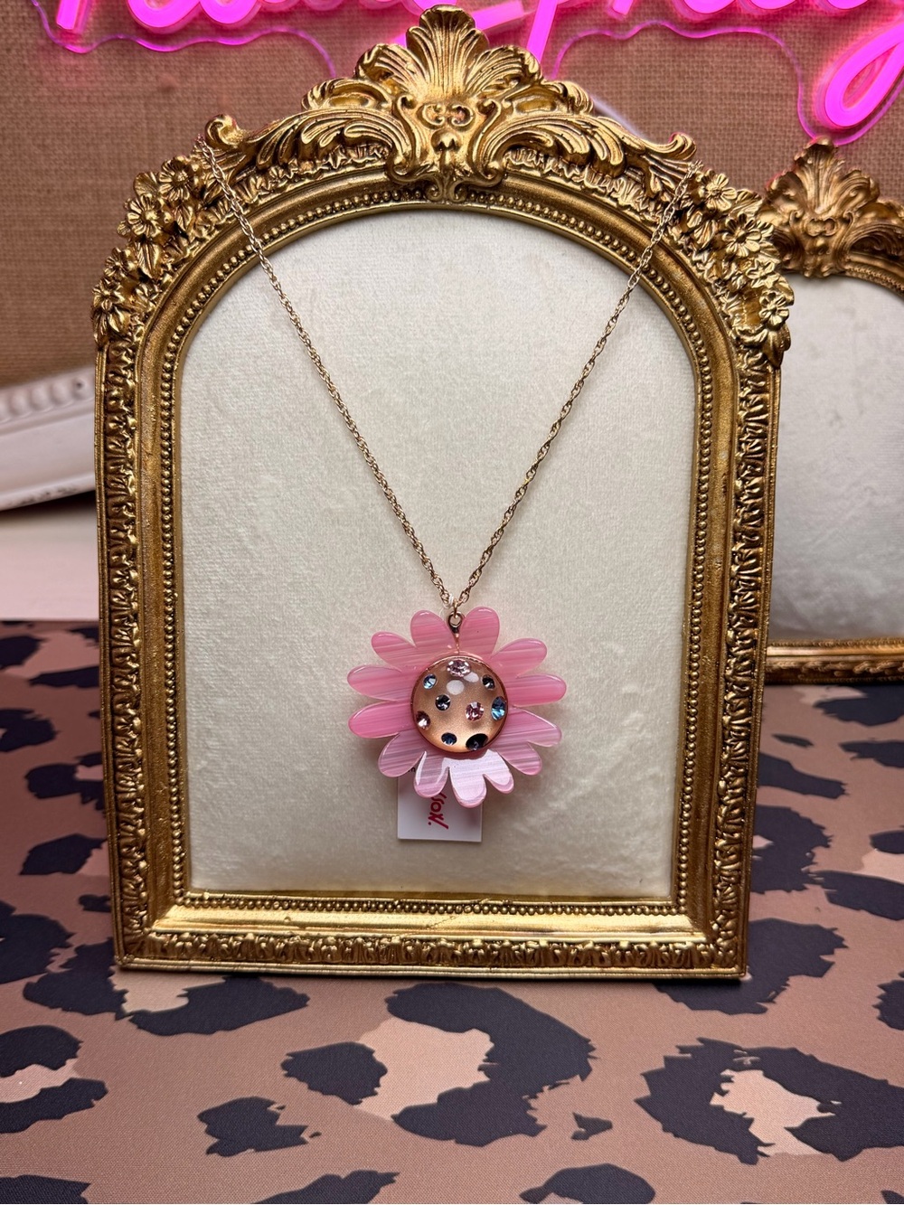Betsey Johnson Pink Flower Rhinestone Pendant Necklace Statement